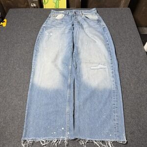 ZARA Womens Wide Leg Splattered Raw Hem Light Wash Jeans Size 30 Boho Indie City